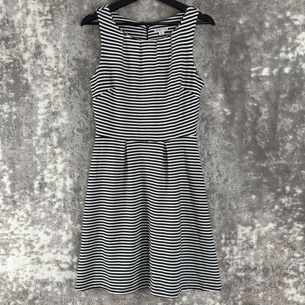 Merona Size S Striped Mini Fit Flared Dress Black White Sleeveless Zip